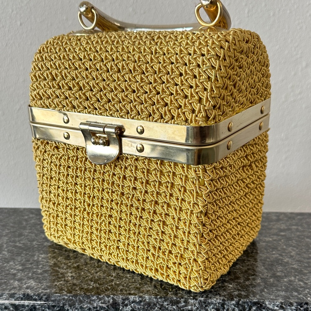 Woven Box Handbag in Mustard Yellow with Gold Hardware